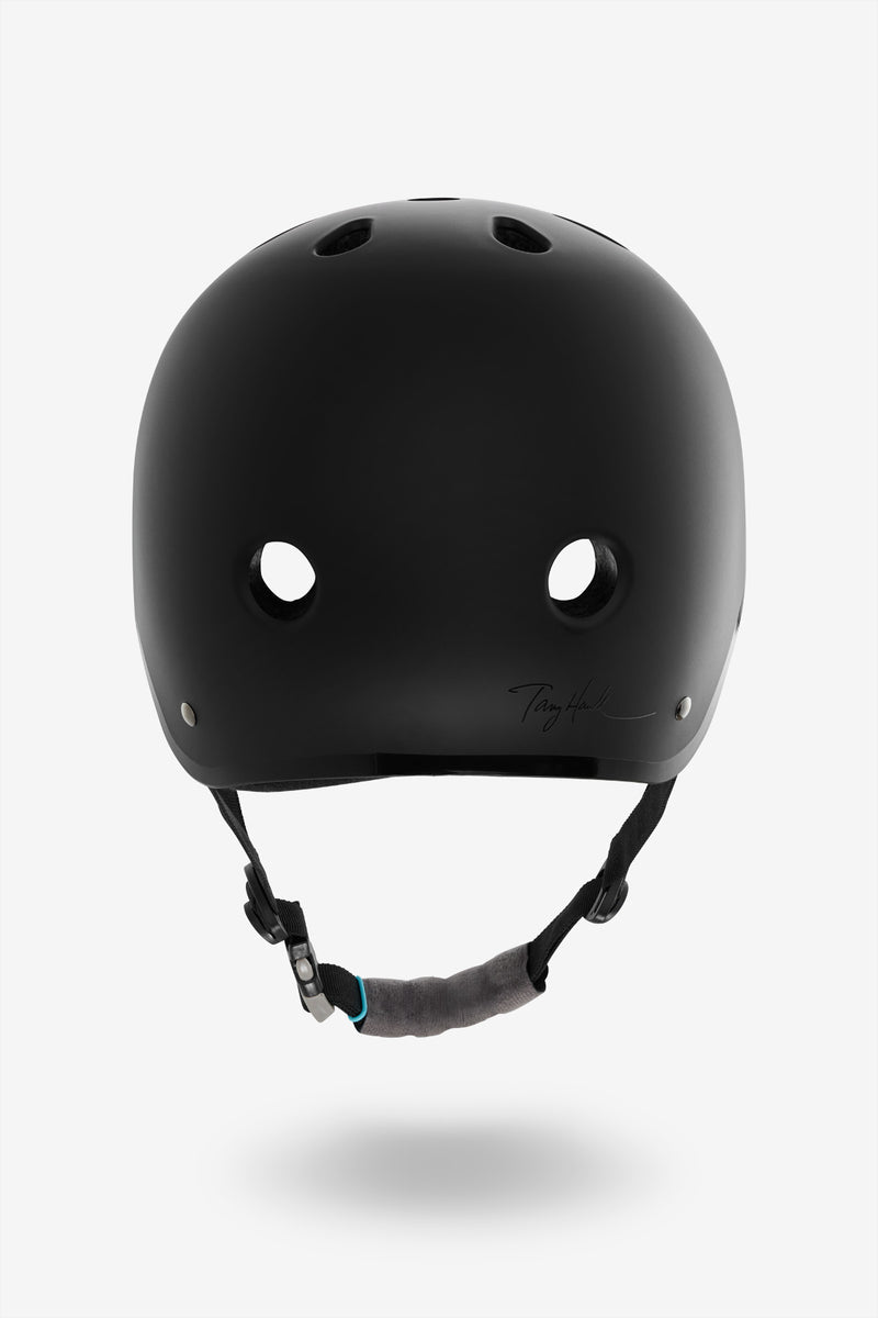 Top-front view of matte black YEPA T-Shell Pro Hawk helmet with two vents and teal logo