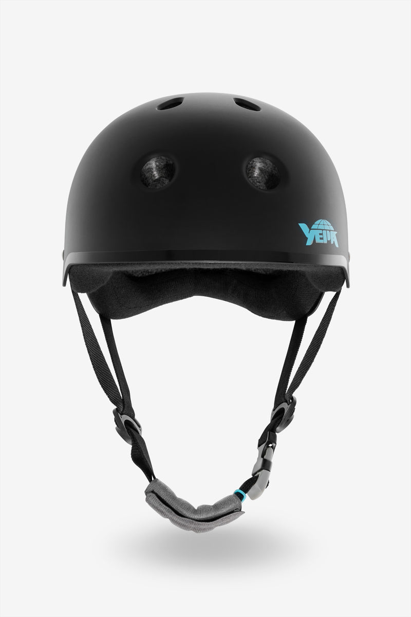 Back-right view of matte black YEPA T-Shell Pro Hawk helmet with teal logo and strap