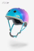 YEPA T-Shell Pro Lizzie helmet in metallic lake sunset gradient from blue to purple with Arctic white stripe and turquoise straps.