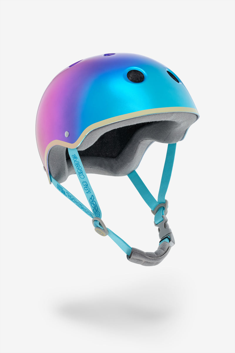 Close-up side view of YEPA T-Shell Pro Lizzie helmet in metallic lake sunset with turquoise straps.