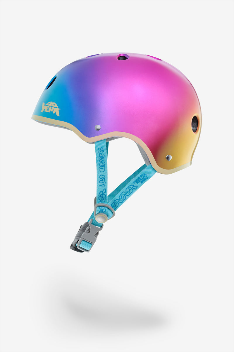 YEPA T-Shell Pro Lizzie helmet in Metallic Lake Sunset gradient with Arctic White stripe and teal chin strap, side view