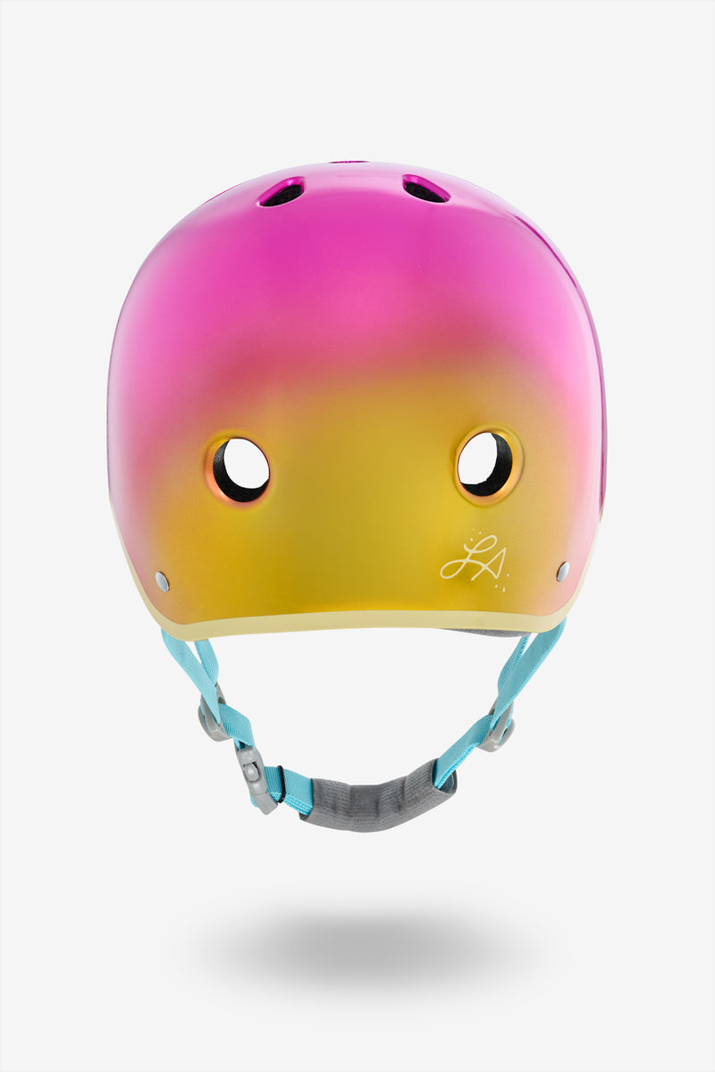 Front view of YEPA T-Shell Pro Lizzie helmet in Metallic Lake Sunset gradient with Arctic White stripe and teal straps