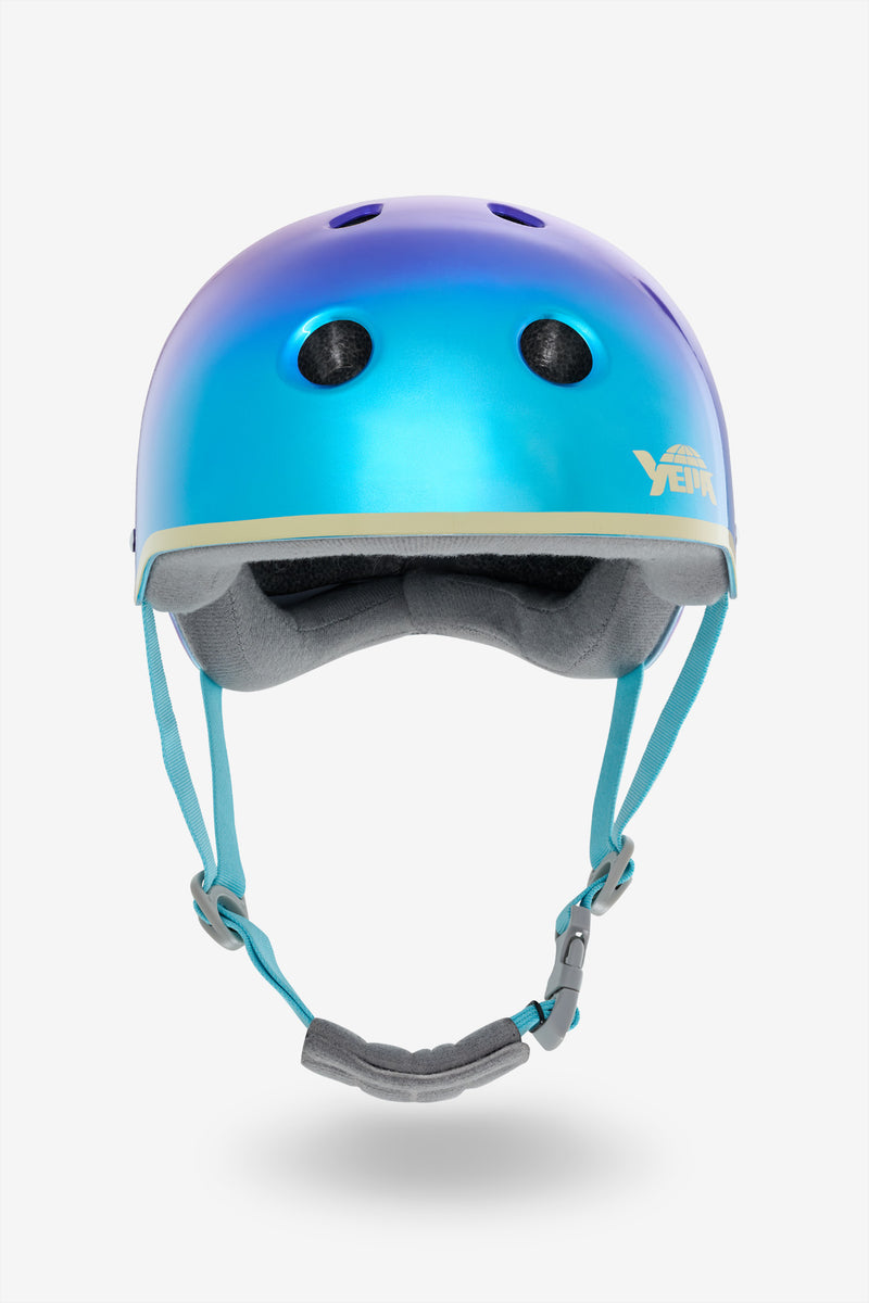 Three-quarter front view of YEPA T-Shell Pro Lizzie helmet in Metallic Lake Sunset with teal chin strap