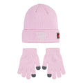 Pink ribbed youth beanie and knit gloves set with gray thumb accents