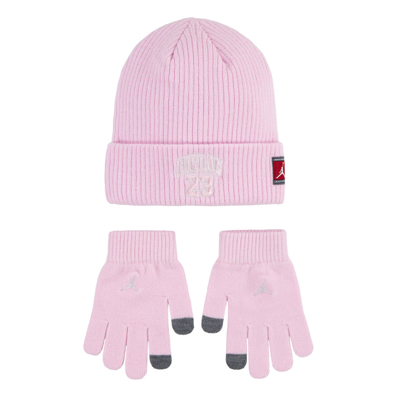 Pink ribbed youth beanie and knit gloves set with gray thumb accents
