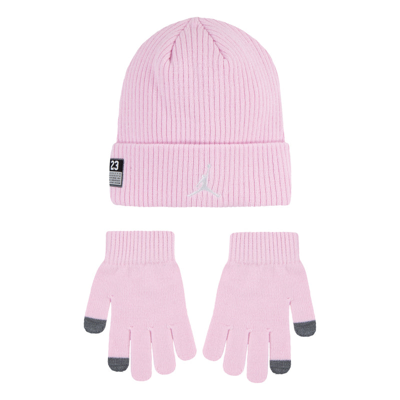 Pink rib-knit beanie and matching gloves set with gray patches on fingertips
