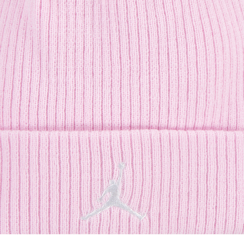 Pink ribbed knit beanie cuff with centered Jordan logo embroidery