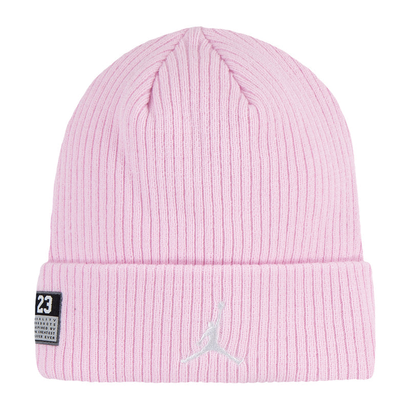 Pink ribbed knit beanie with side rectangular brand label and Jordan logo