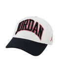 Youth Jordan dad cap, white crown, black brim, red/black embroidered JORDAN logo