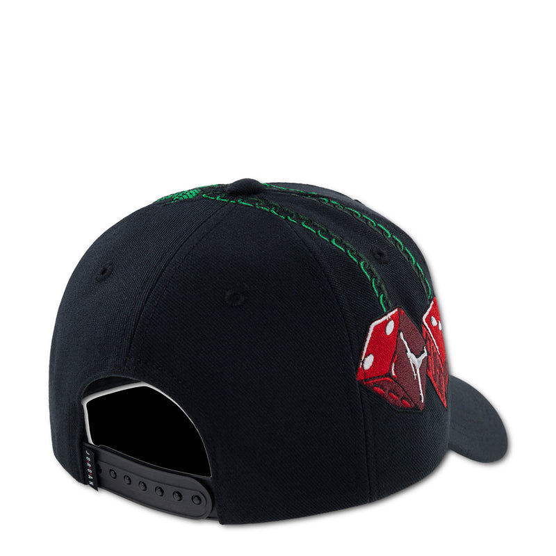 Youth Jordan dad cap, black with red Jumpman and green-stitched side panel