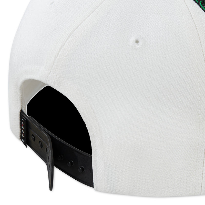 Youth Jordan dad cap, white fabric with black adjustable back strap and buckle