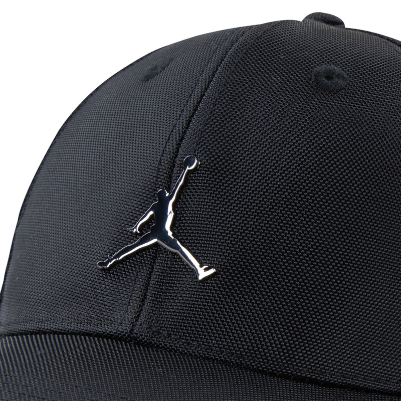 Black cap closeup with stitched panels and Jumpman logo