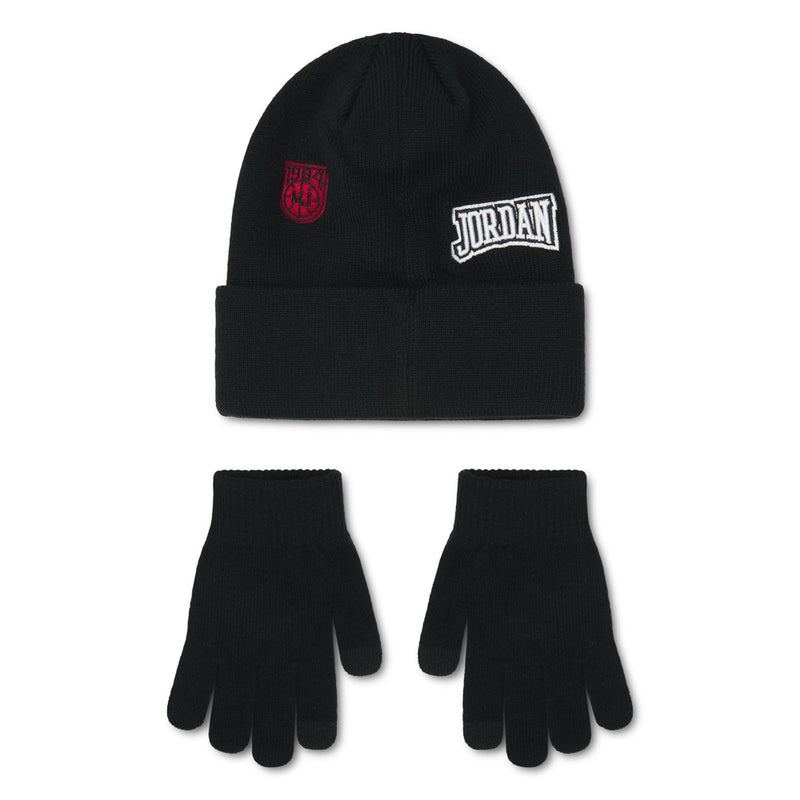 Black beanie with crest and Jordan patch; plain black youth gloves